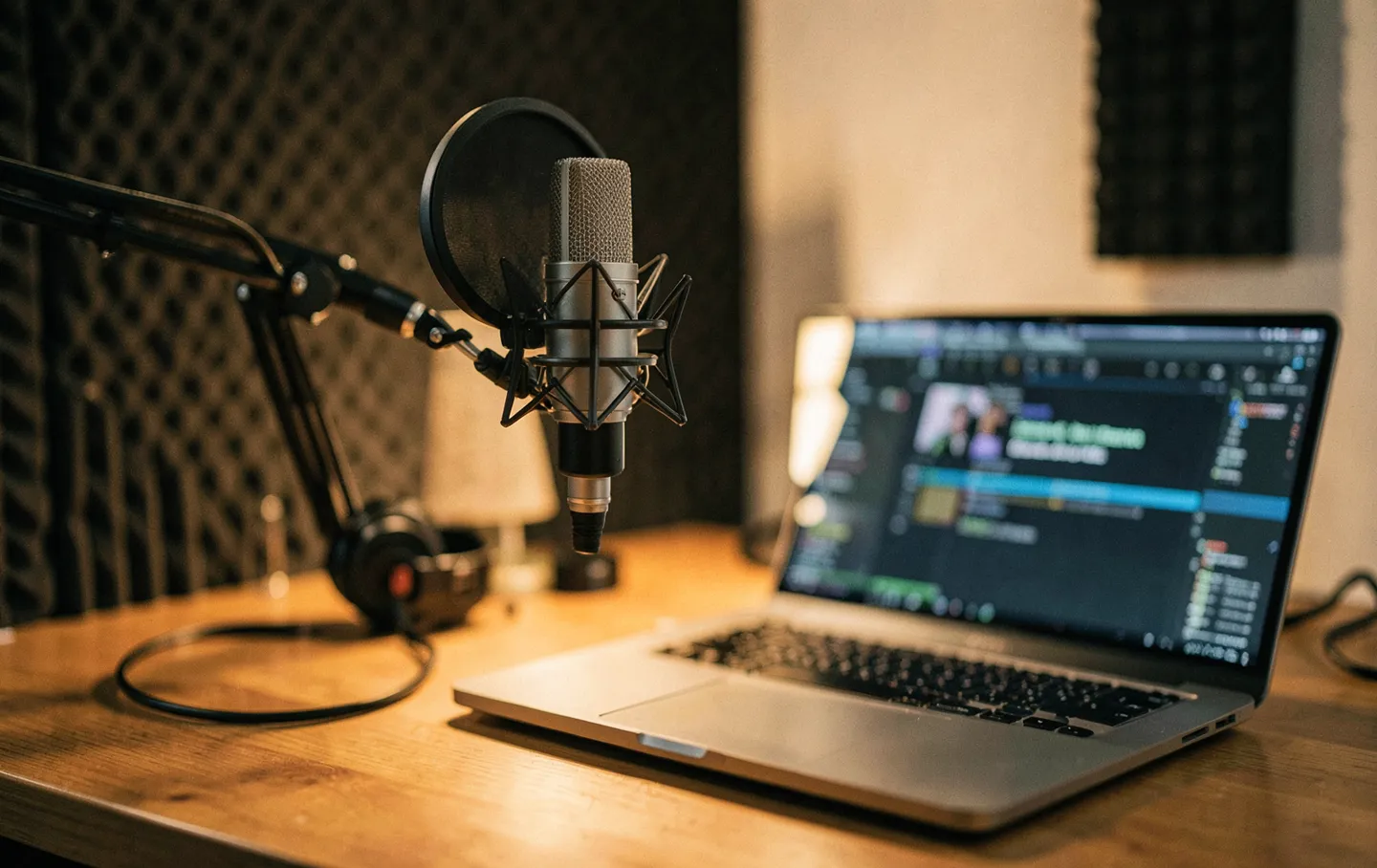 Puesto de grabación con micrófono, auriculares y portátil